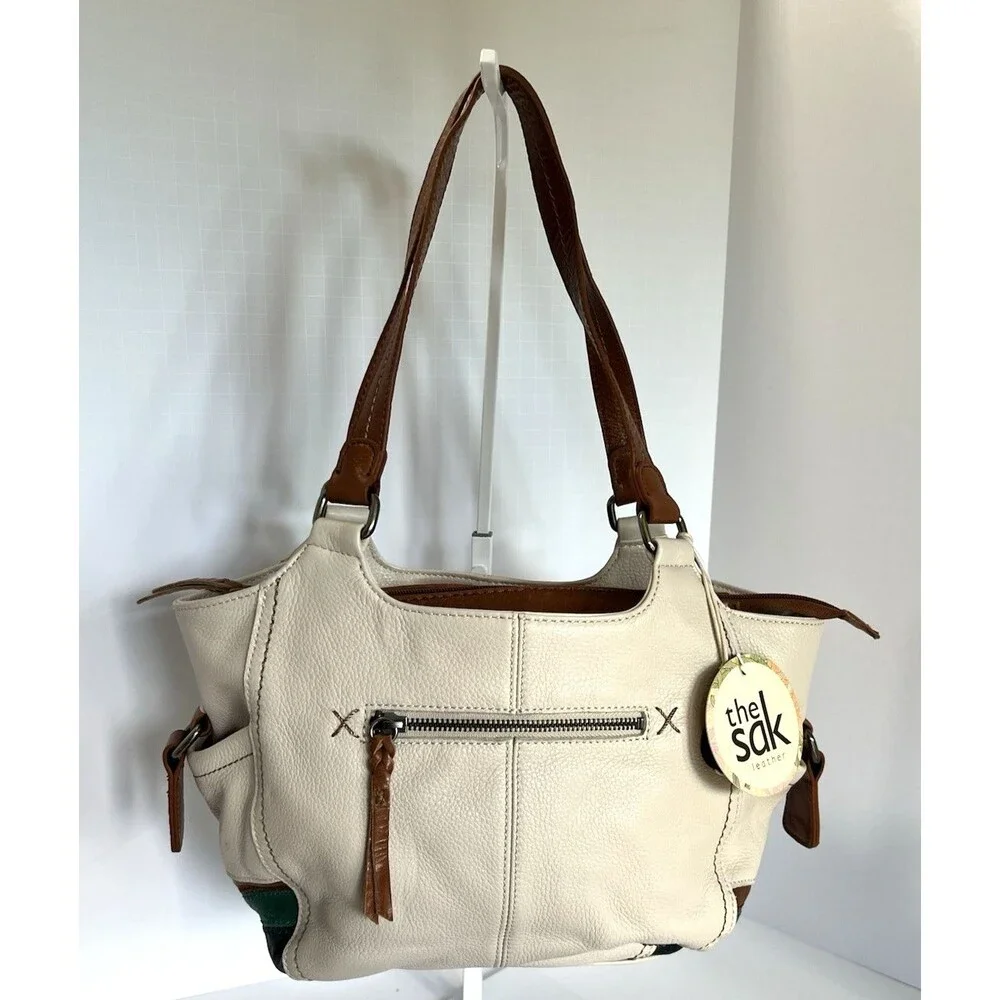 The Sak Kendra Leather Satchel Bag Cream Tan Blue Green Colorblock NWT 1990's